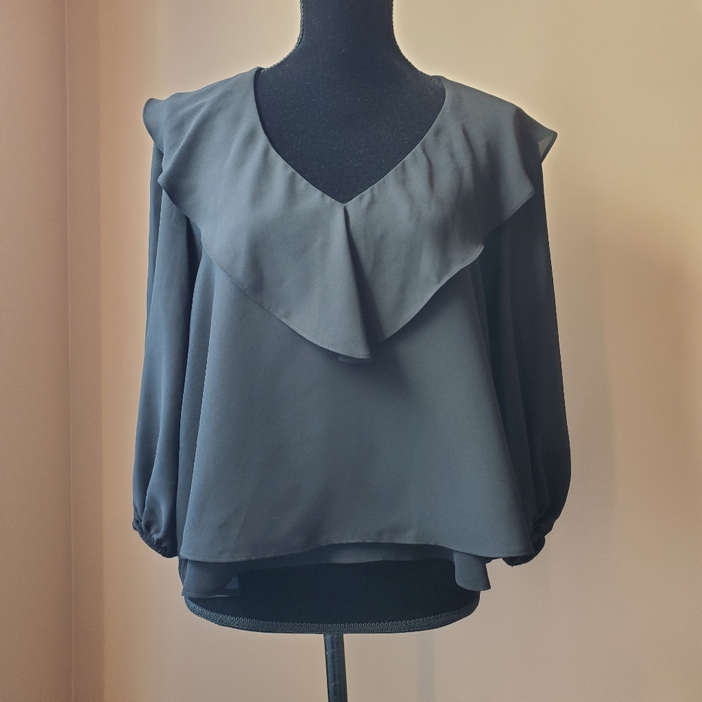 ZARA V-neck Balloon Sleeve Double Layer Black Blouse